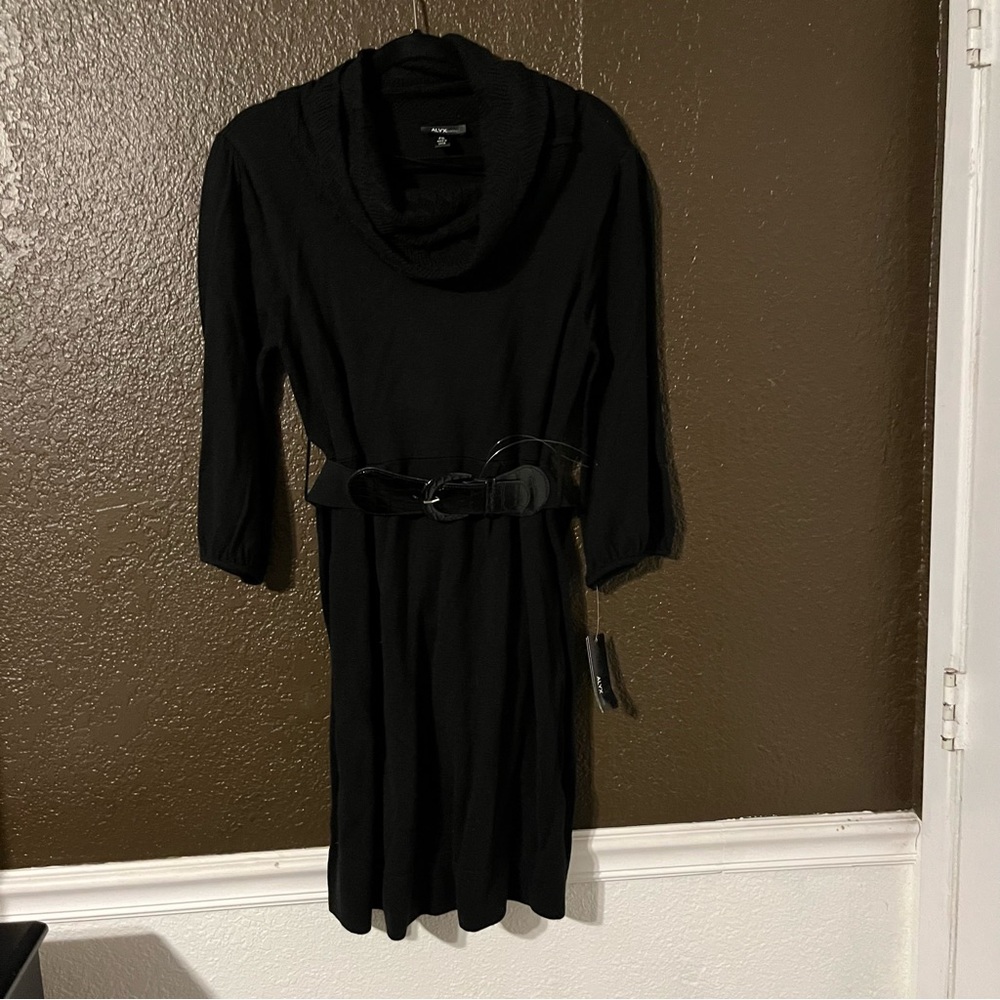 Black Knit Mid Knee Cowl Neck Dress with Belt, ALYX Petite XL, New with Tags